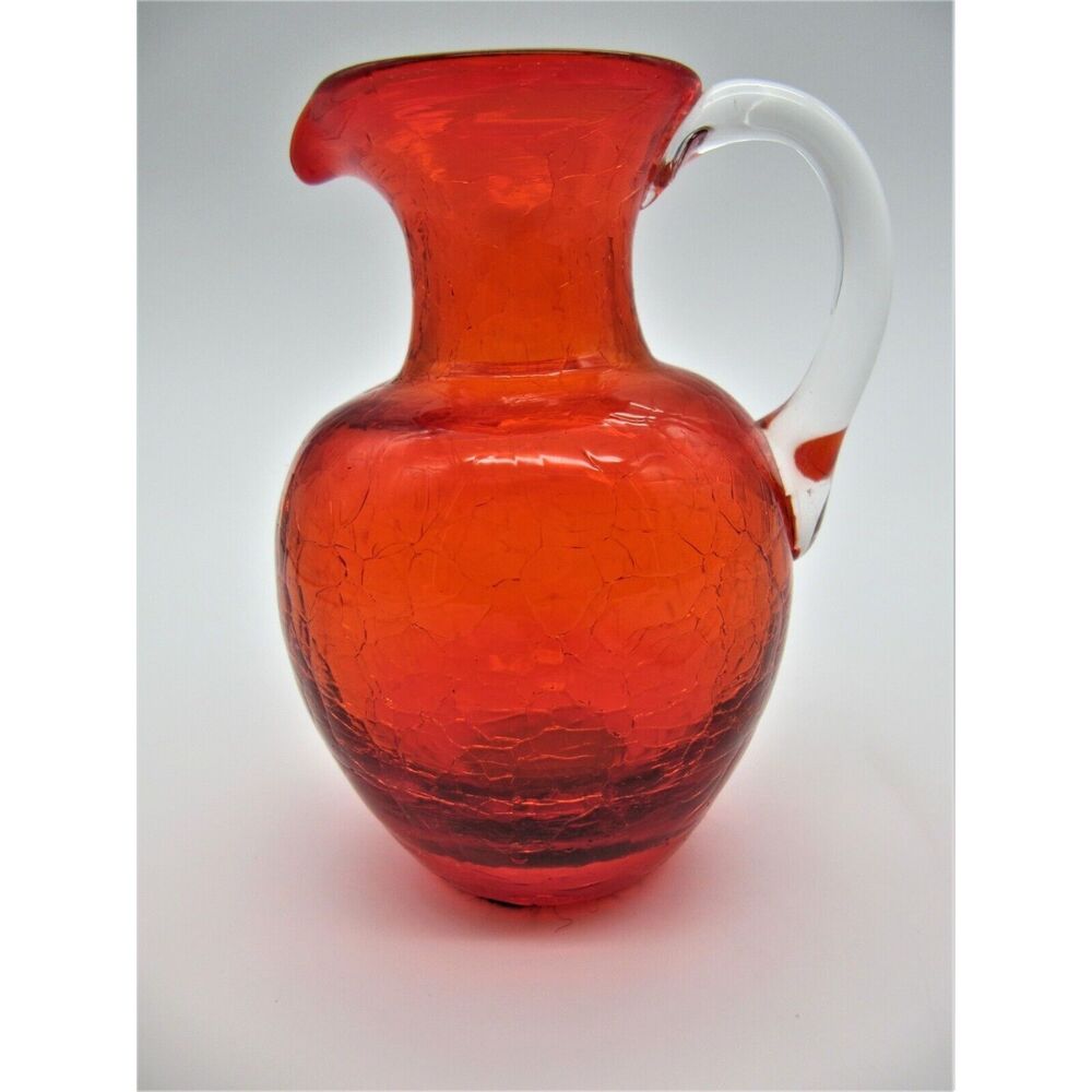 Handcrafted Orange Crackle Art Glass Mini Pitcher Vase Applied Clear Handle 4.5"